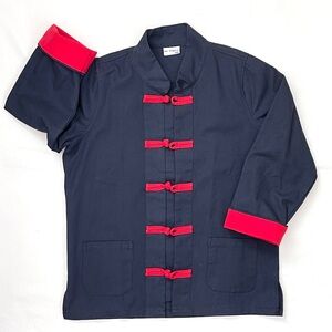 Navy Mandarin Collar Jacket with Red Chinese Knot Buttons